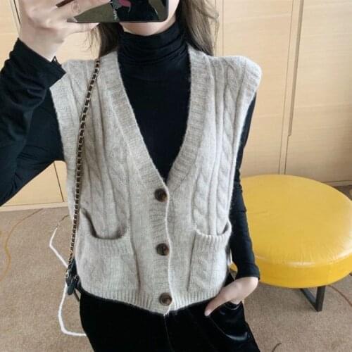 Vintage V-neck Knitted Vest Women Sleeveless Pullover Elasticity Single-breasted Sweater Coat Loose Female Casual Knit Waistcoat