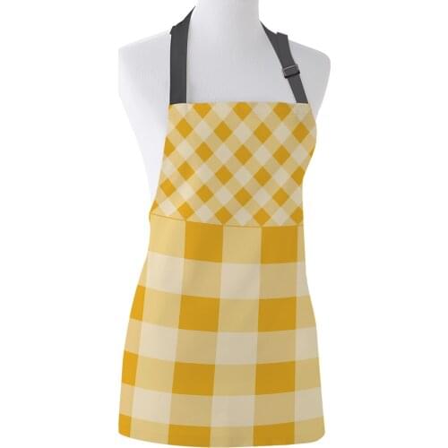 Yellow Check Stripe Square Stitching Printed Aprons Kitchen Home Canvas Bib Female Adult Kids Cooking Dining