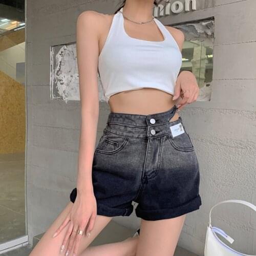 Korean Black Gray Patchwork Hemming Gradient Jeans Women 2021 Summer High Waist Hollow Out Pockets Shorts Hot Loose Short Pants