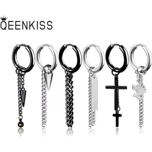 QEENKISS EG807 Fine Jewelry Wholesale Fashion Woman Man Cross Tassel Punk Rock Roll Titanium Stainless Steel Hoop Earrings 1PC