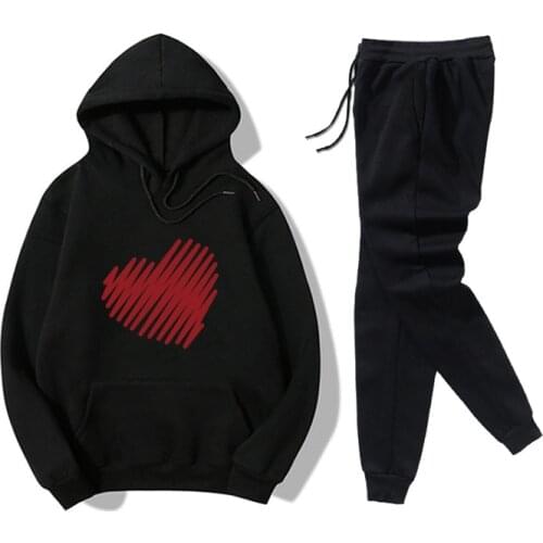 Women ManTracksuits Autumn Winter Pullovers Hoodies and Black Pants Casual Jogger Suit Tracksuit Sweatshirt Valentines Day