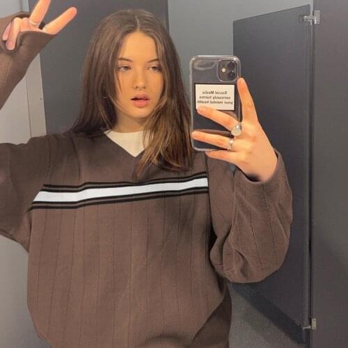 Striped Knitted Oversized Y2k Brown Sweater Female Korean Fashion 2020 V Neck Long Sleeve Blue Jumper Women Warm Autumn Winter