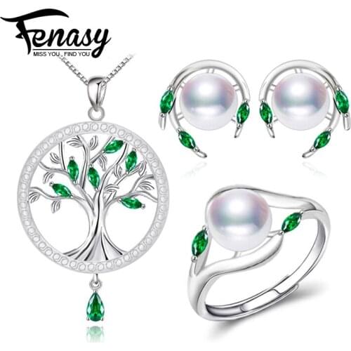 FENASY 925 Sterling Silver Natural Pearl Emerald Jewelry Sets Leaf Earrings Necklace Pendant Engagement Ring Sets For Women