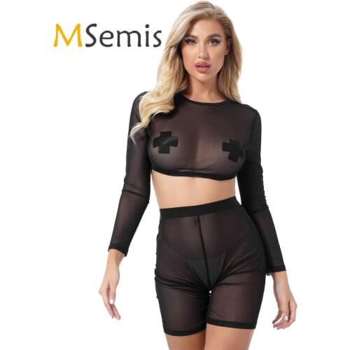 Women Sexy Lingerie Pornos Suit See-through Mesh Outfit Round Neck Long Sleeve Crop Top with High Waist Elastic Waistband Shorts