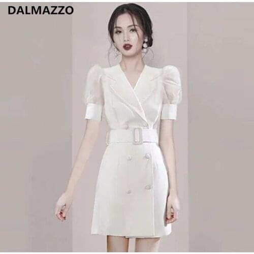 High Quality Women Fashion Patchwork Mesh Puff Sleeve Double Breasted Belt Mini Dress Vestidos Female Plus Size Suit Dresses