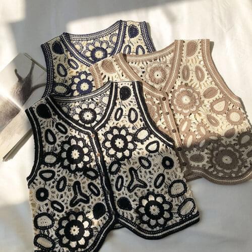 Floral Crochet Knitted Vest Women 2021 Summer Autumn Womens Retro Sleeveless Jacket Cardigan Boho Bohemian Embroidery Waistcoat