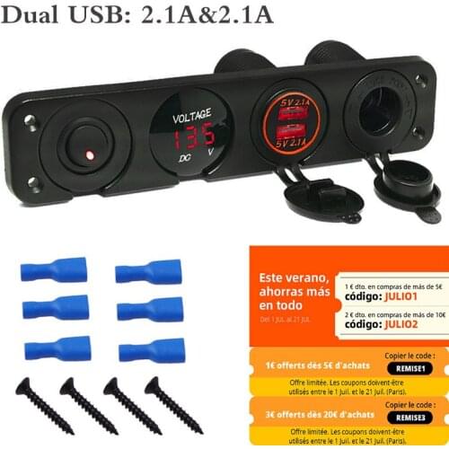 12V Power Socket 4 In 1 Car Cigarette Lighter Digital Voltmeter Dual Usb Power Charger With Rocker Switch Dustproof Waterproof