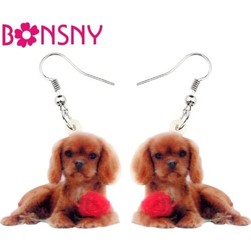 Bonsny Acrylic Cavalier King Charles Spaniel Dog Earrings Long Drop Dangle Cute Animal Jewelry For Women Girls Gift Female Charm