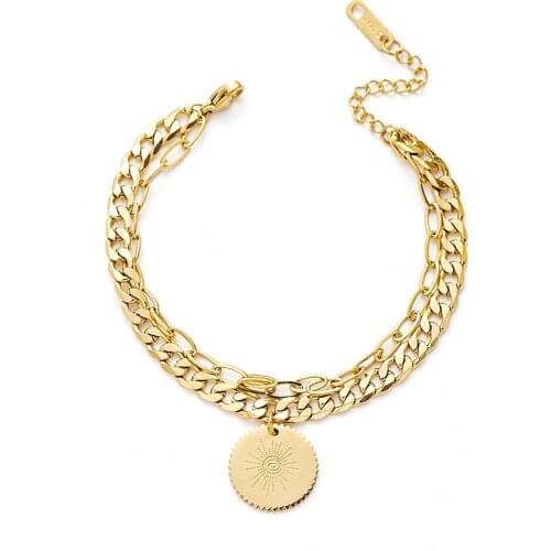 Vintage Stainless Steel Layered Link Chain Bracelets For Women Gold Engraved Sun Round Charm Bracelet For Women Accessories Gift