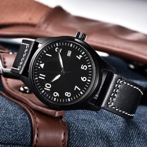 CORGEUT Vintage Mens Mechanical Watch Pilot Silver 316L Case Black Dial Luminous Date Seagull Movement Waterproof Leather Watch