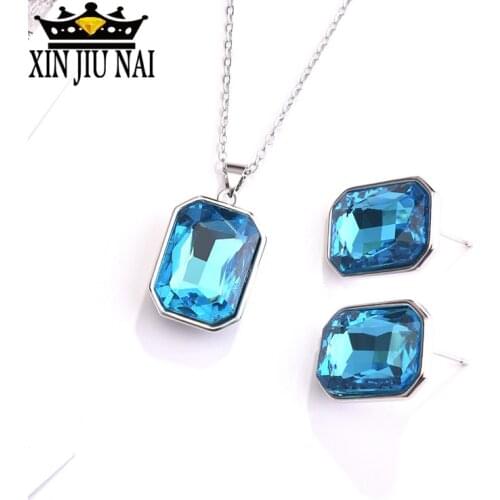Hot new personality exquisite luxury aquamarine earring necklace pendant set European and American party engagement jewelry