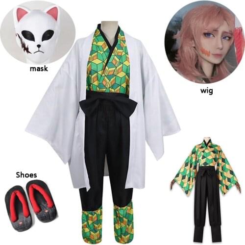 Anime Demon Slayer Cosplay Costume Kimetsu no Yaiba Sabito Kimono Cape Women Men Halloween Costumes wig and Shoes Accessories