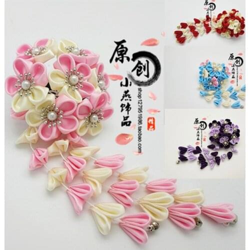 Costume Kimono Hanfu Take Photo Headdress Hairpin Tassel Bell Sakura Cloth Flower Japanese Handmade Hair Ornaments Side Clip