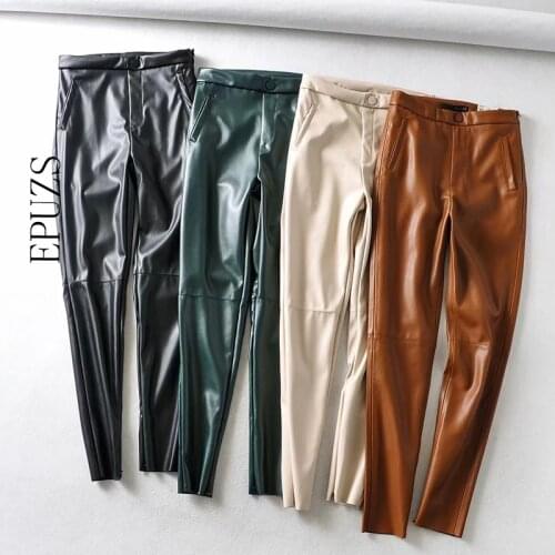 New Womens PU skinny Pant Trousers zoravicky sexy slim leather Pencil Pants high waist zipper Winter warm Sweatpant Brown Black