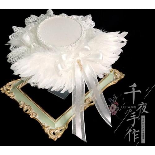 Original Handmade Palace Style white Angels Feather Lace Bowknot Mori Girl Sweet Elegant Wedding Tea Party Flat Small Top hat