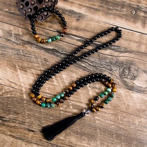 8mm Black Onyx Yellow Tiger Eye African Turquoise 108 Mala Necklace Sets Meditation Yoga Jalamala Jewelry