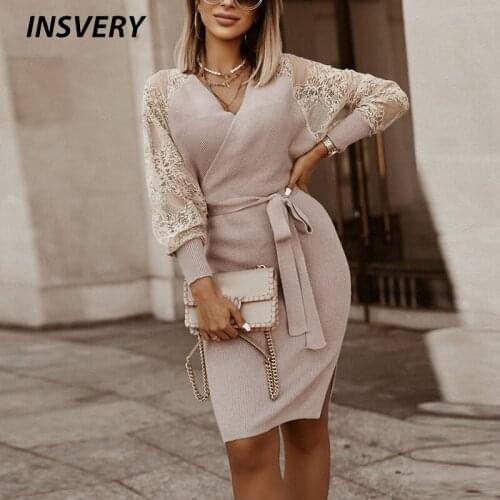 2021 Dress Women Spring Autumn Lace Patchwork V Neck Party Dresses For Women Elegant Short Dress Belt Design Ladies Clothes