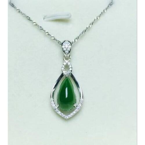 Natural Hetian Jasper Charm 925 Silver Water Drop Inaly Zircon Emerald Design Blessing Lucky Pendant Lovers Gifts