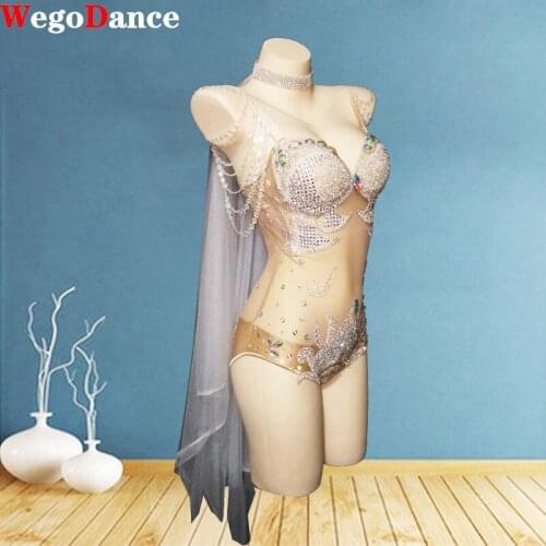 Rhinestones Beading Nude Color Mesh Transparent Sleeveless Bodysuit Sexy Bar Nightclub Women Singer Costume DJ DS Stage Wear