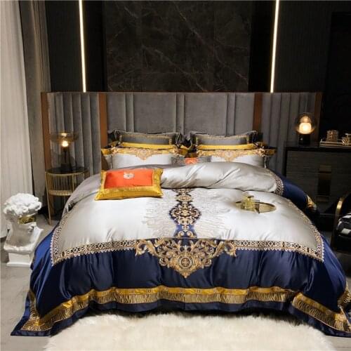 Luxury Gold Blue Damask Chic Embroidery Bedding set Egyptian Cotton Satin Silk Duvet cover Sheet Bed Spread Pillowcase 4/6/11Pcs