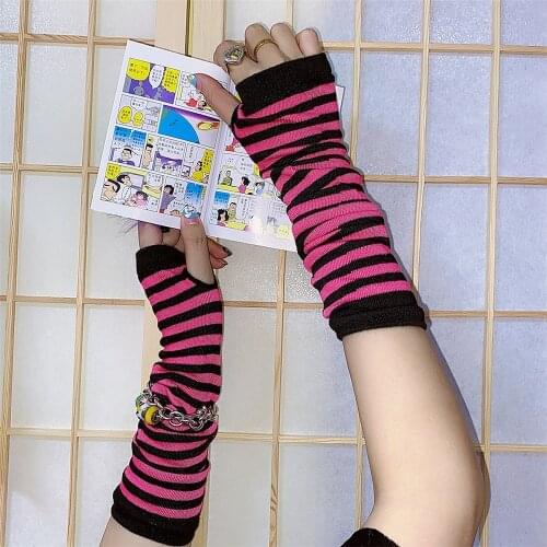 Ruibbit Gothic Harajuku Punk Style Stripe Half Finger Long Glove Women Knit Length Sleeve Fingerless Gloves Streetwear