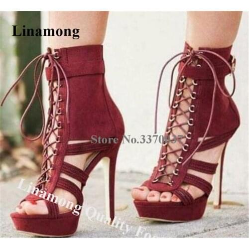 Linamong Newest Open Toe Suede High Platform Stiletto Heel Gladiator Sandals Lace-up Cut-out High Heel Sandals Dress Shoes