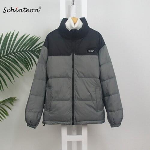 Schinteon Women Men White Duck Down Jacket Casual Patchwork Drawstring Loose Over Size Winter Warm Lovers Outwear New 2021