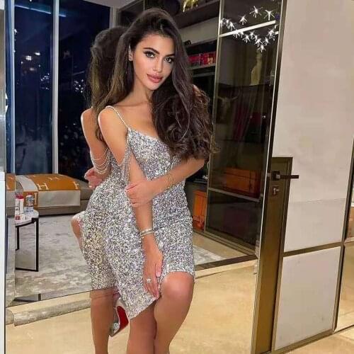 Sexy V-neck high-quality suspenders shiny beaded sequined tight dress 2021 summer new ladies elegant club party dress Vestido
