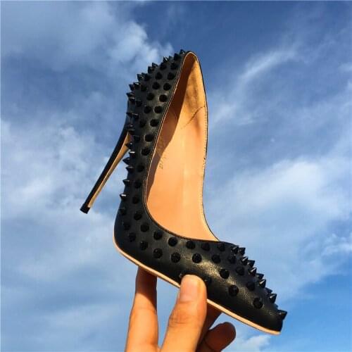 Fashion free shipping black spikes Studded Leather Poined Toe Stiletto high heel shoe pump HIGH-HEELED SHOES dress shoes