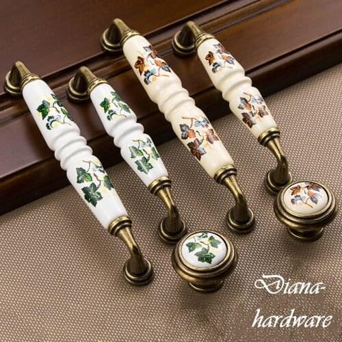 Vintage Rural Kitchen Ceramic Drawer Cupboard Door Handles and Pulls Green/Red Leaves Dresser Knobs Furniture Handle Hardare
