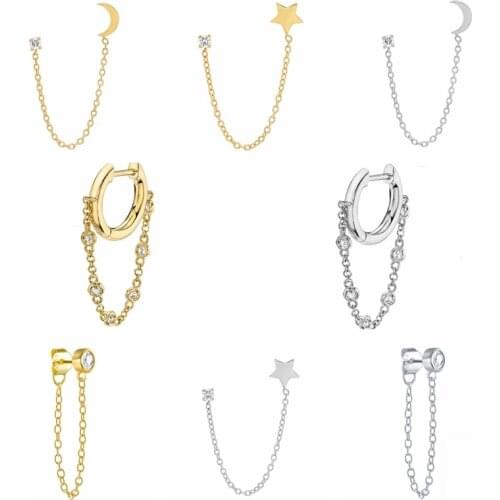 Fashion Jewerly Moon Star Stud Earrings for Women Bling Crystal Zircon Chain Tassel Earring Gold Color Ear Piercing Pendientes