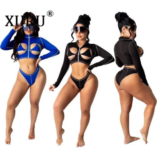 XURU European and American Womens Solid Color Triangle Jumpsuit Bikini Suit Beach Hollow Sexy Jumpsuit Two-piece Suit