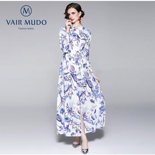 2021 Women Early Autumn Dress New Product Lapel Single-Breasted Dress Floral Print Big Swing Dress Women Elegant Female Y-188