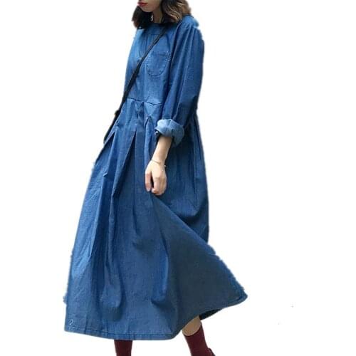 New arrival spring autumn vintage denim long dress women o-neck loose casual a-line dress
