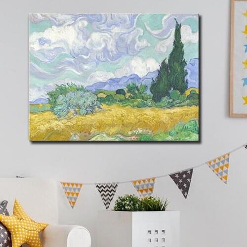 Famous Painting Art Van Goghs Wheat Field and Cypress Canvas Painting Cuadros Wall Art Pictures for Living Room Home Decor