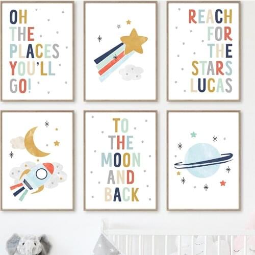 Stars Moon Rocket Earth Dream Quote Wall Art Canvas Painting Nordic Posters And Prints Cartoon Wall Pictures For Kids Room Decor