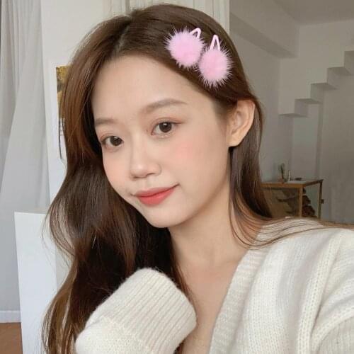1Pair 2021 Korea Cute Autumn Winter White Pink Furry Ball Geometric Waterdrop Metal Hair Clip Hairpin for Women Hair Accessories