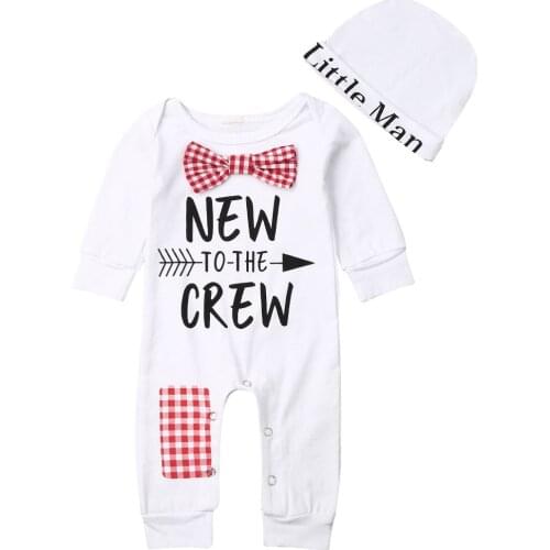 0-6M Newborn Baby Boys Rompers Hats 2pcs Cotton Little Man Romper Jumpsuit Clothes Long Outfits Set