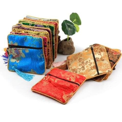 Tassel Floral Small Zip Coin Purse Birthday Party Favor Bags High End Silk Jewelry Packaging Bracelet Necklace Gift Pouch 3pcs