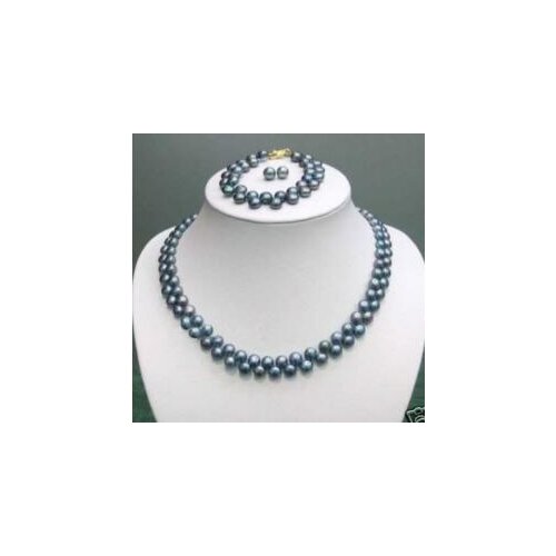 7-8MM Black Akoya Pearl Necklace Bracelet Earring AAA