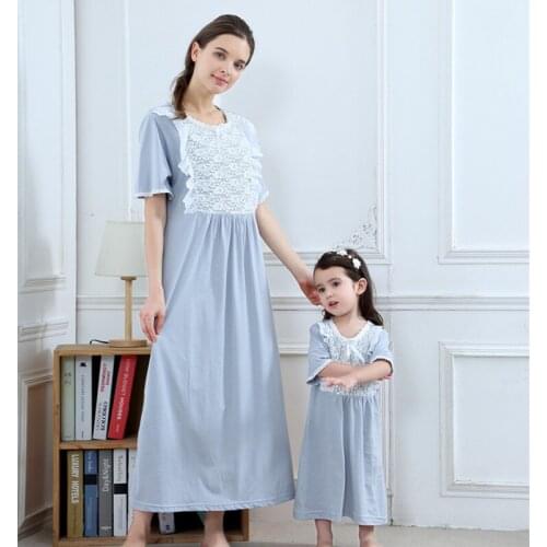 ChildrenS Clothing Girl Parent-Child Outfit Nightdress Summer Cotton Girl Sun Child Daughter Korean Princess Palace Sleepwear