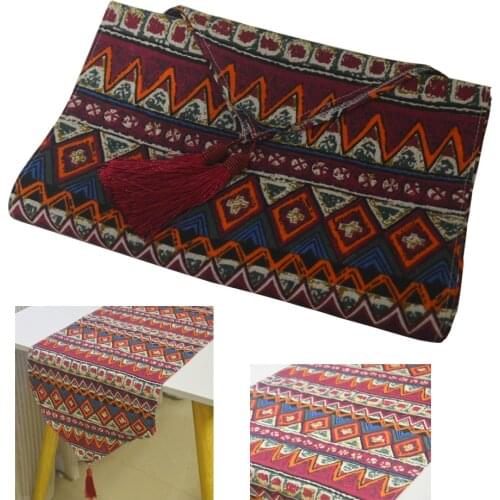 Printed Blue/Red wine Bohemian Ethnic Style Home Table Runner Cotton Linen Tassel Table Runners Tea Table Flag Wedding Decor