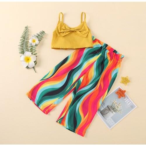 FOCUSNORM Summer Holiday Infant Kids Girls Clothes Sets Bowknot Sleeveless Strapless Vest Tops Rainbow Print Wide Leg Pants