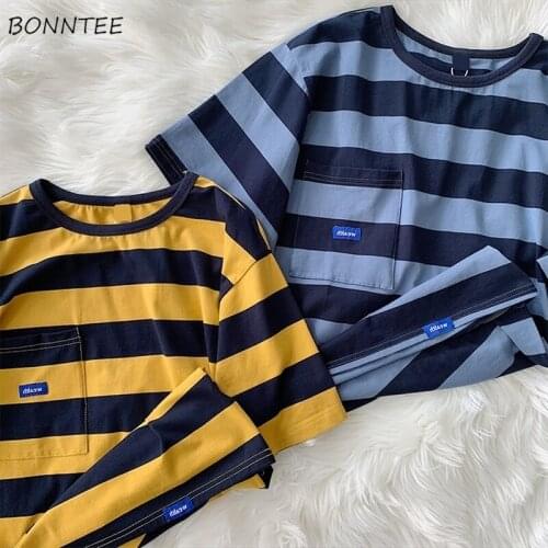 Short Sleeve T-shirts Women Leisure Design Ins Striped Pockets Stylish Popular All-match Teens Harajuku Tee Clothing Loose Newly