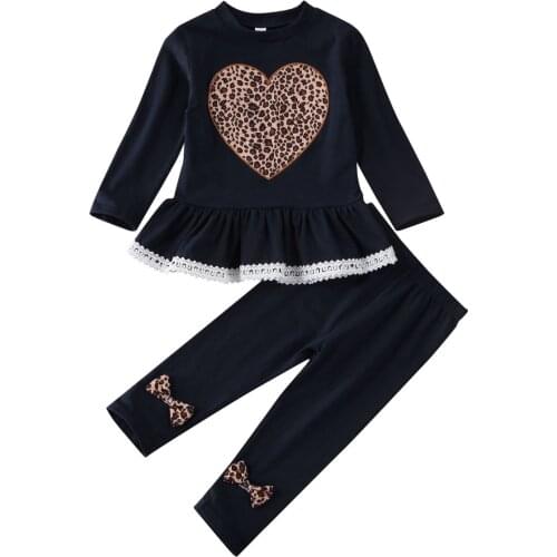 2 Pieces Leopard Print Baby Girls Clothes Sets Lace Long-Sleeved Love Tops Trousers Pants 1-6Y Girls Winter Clothes 2PCS