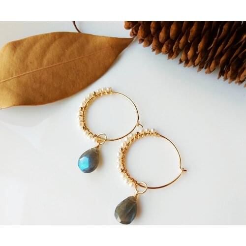 Lii Ji Genuine Tear Shape Labradorite with Freshwater Hoop Earrings 925 Sterling Silver 18K Gold Plated Handmade Jewelry