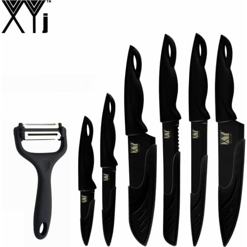 7pcs Kitchen Chef Knives Set Stainless Steel Sharp Blade Plastic Handle Knife Cover Sheath Peeler Knife Stand Carry Bat Storage
