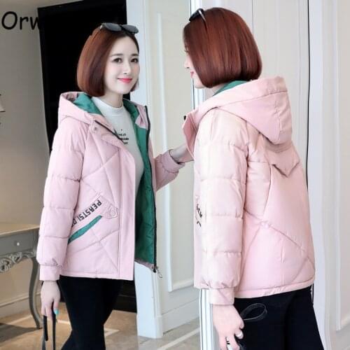 Orwindny Hooded Short Winter Coat Women Letter Warm Jackets Female Cotton Padded Clothing Thicken Zipper Parkas Plus Size S-3XL