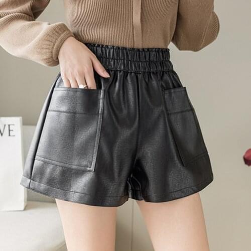 Shintimes Autumn Casual A-Line Elegant PU Leather Shorts Women Loose Wide Leg Winter High Waist Black Shorts Pantalones Cortos