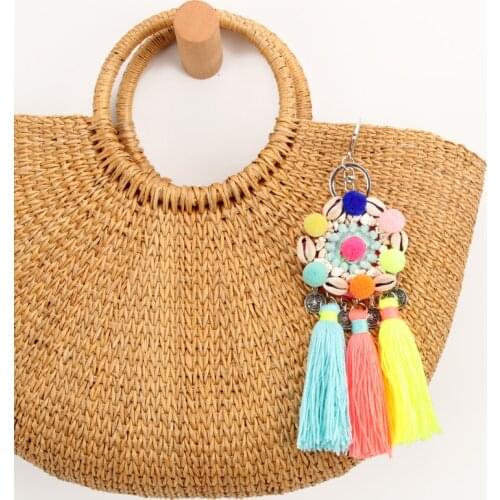 Multicolour Pompom Tassel Key Chain Straw Bag Decorations Charms Boho Key Ring Jewelry Gift For Women